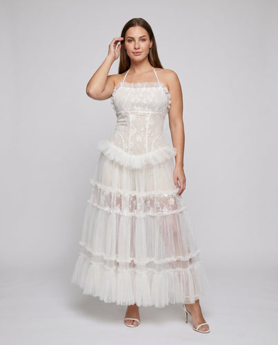 Damen Elegantes langes Kleid aus zarter Spitze mit voluminösem Rock und Rüschen EB
