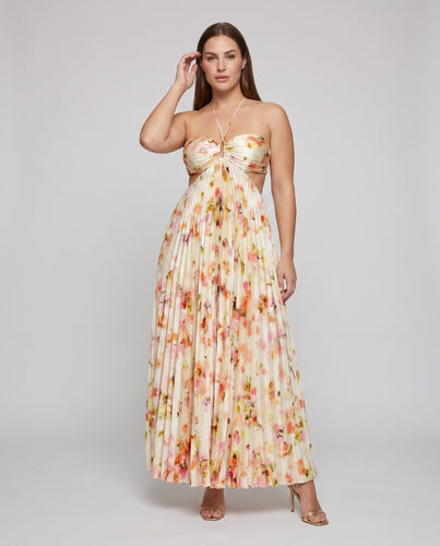 Damen elegantes Maxikleid mit floralem Faltenrock und zarten Spaghettiträgern EB
