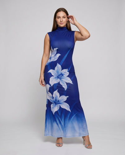 Damen Elegantes Maxikleid mit hochgeschlossenem Kragen und floralen Motiven EB