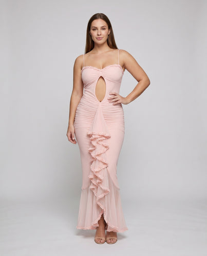Damen Figurbetontes Abendkleid mit Rüschendetails und tiefem Ausschnitt EB
