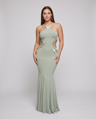 Damen figurbetontes Maxikleid mit transparenten Einsätzen und schulterfreiem Design EB