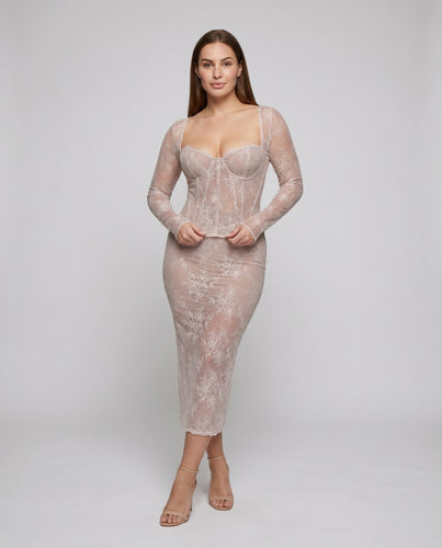 Damen figurbetontes Spitzenkleid mit langen Ärmeln und detailreicher Schnürung EB