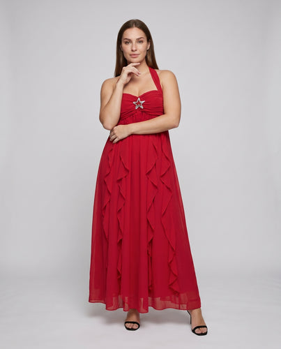 Damen fließendes Maxikleid mit verspielten Rüschen und elegantem Ausschnitt EB