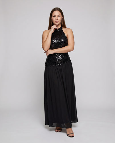 Damen glamouröses Abendoberteil mit funkelnden Pailletten und hochgeschlossenem Design EB