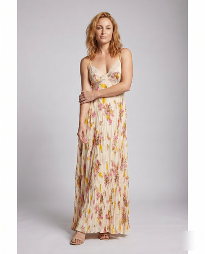 Damen langes, blumiges Sommerkleid mit zarten Trägern und Raffungen EB