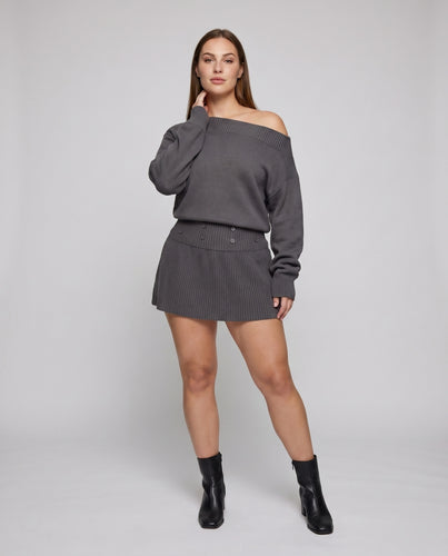 Damen Lässiges Strickset mit asymmetrischem Design und bindbarem Rock EB