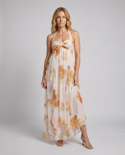 Damen luftiges Maxi-Kleid mit floralem Rüschendesign EB