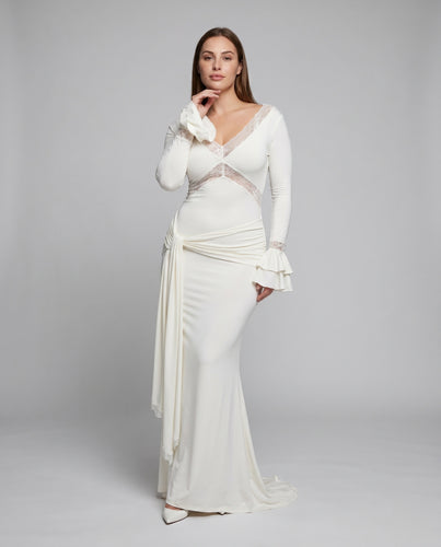 Damen Maxikleid mit eleganter Spitzenborte und voluminösen Ärmeln EB