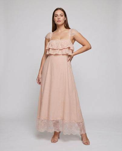 Damen Maxikleid mit romantischem Rüschendesign und zarten Spitzenakzenten EB
