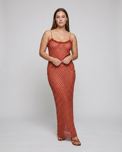 Damen Maxikleid mit zarten Rüschendetails und elegantem Polka-Dot Muster EB