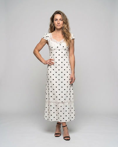 Damen Midi-Kleid mit verführerischem Spitzenoberteil und verspieltem Punktedesign EB