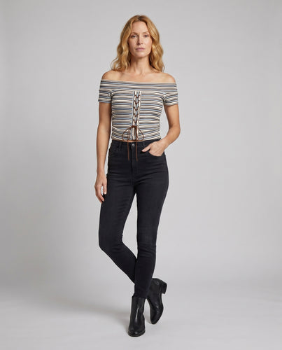 Damen Off-Shoulder Oberteil mit Schnürung und gestreiftem Design EB