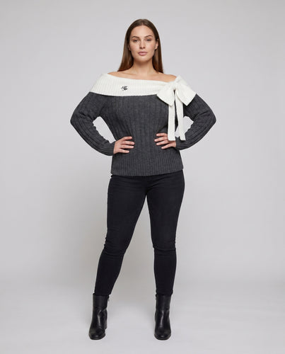 Damen Off-Shoulder Strickpullover mit dekorativem Schleifendetail EB