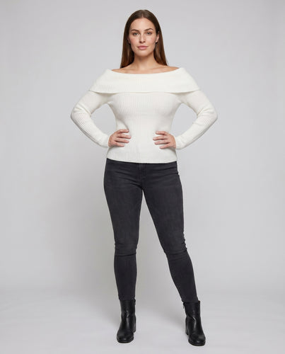 Damen Off-Shoulder Strickpullover mit Rippenstruktur und weitem Kragen EB