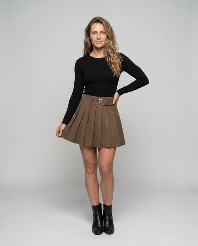 Damen Plissierter Rock mit abnehmbarem Gürtel und karriertem Design EB