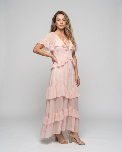 Damen romantisches Kleid mit Rüschendetails und transparenten Ärmeln EB