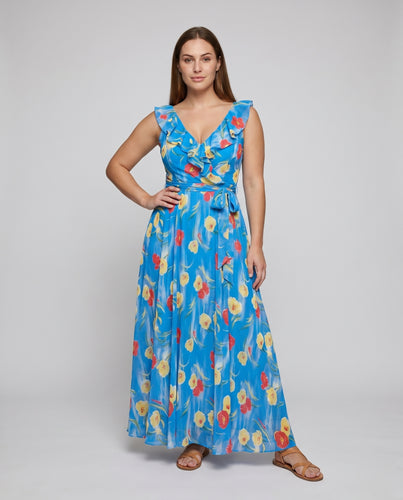 Damen Sommerliches Maxikleid mit floralem Design und Rüschenträgern EB