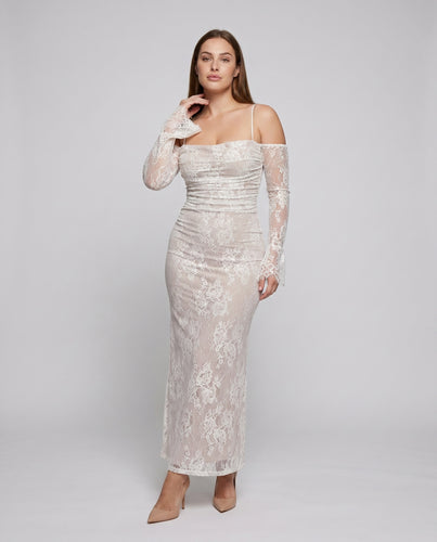 Damen Spitzenkleid mit elegantem Rüschendesign und transparenten Ärmeln EB