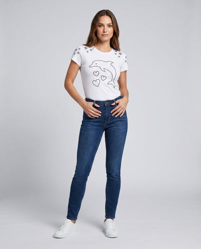 Damen T-Shirt mit strassverzierten Motiv und schmalem Schnitt EB