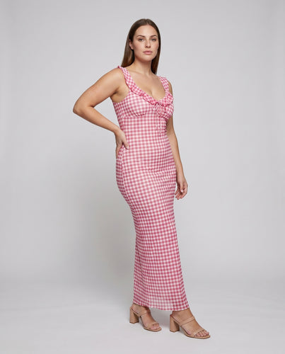 Damen trägerloses Sommerkleid mit Rüschendetails und floralem Karomuster EB
