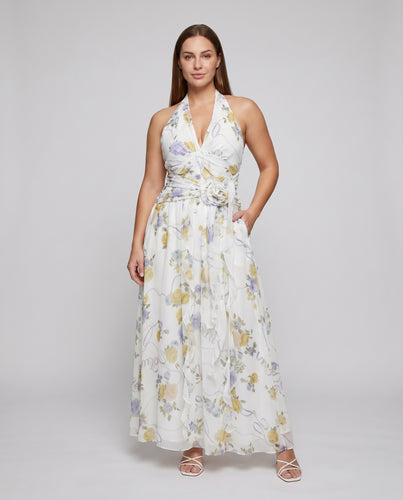 Damen verführerisches Maxikleid mit floralem Wickeldesign und Zierschleife EB