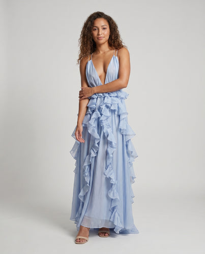 DamenMaxikleid mit Rüschen und tiefem V-Ausschnitt EB