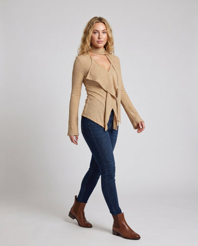 Damen Elegante und lässige Wickeljacke mit asymmetrischem Design und fließenden Ärmeln EB