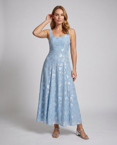Damen Elegantes Maxikleid mit floralem Design und schwingendem Rock EB