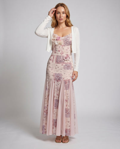 Damen Elegantes Maxikleid mit floralen Applikationen und schwingendem Rock EB
