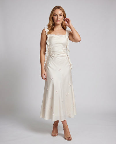 Damen Elegantes Maxikleid mit zarten Rüschen und Spitzendetails EB