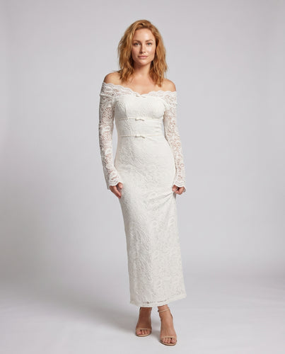 Damen Elegantes Spitzenkleid mit schickem Off-Shoulder-Ausschnitt und volumetrischen Ärmeln EB