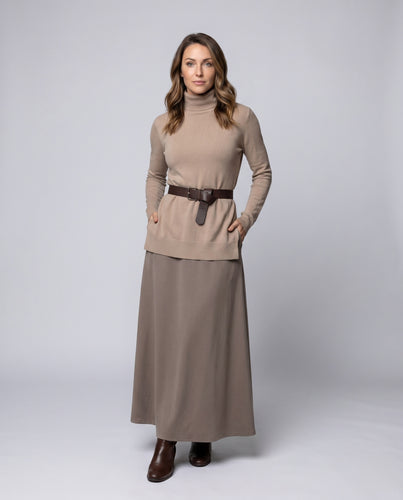 Damen elegantes und modisches Maxi-Kleid mit hohem Kragen und Gürtel EB