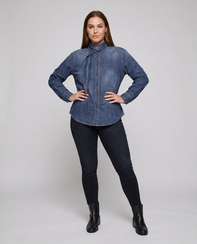 Damen Jeansbluse mit verspieltem Bindegürtel EB