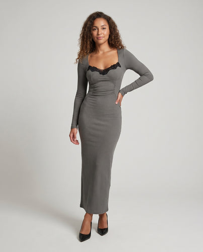 Damen Langarm Maxikleid mit Spitzendetails EB