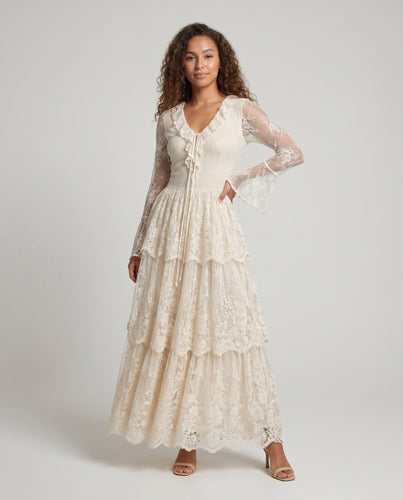 Damen langes Spitzenkleid mit fließendem Rock und V-Ausschnitt EB