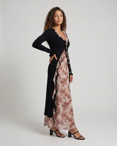 Damen Maxikleid mit fließendem Rock und romantischen Rüschen EB