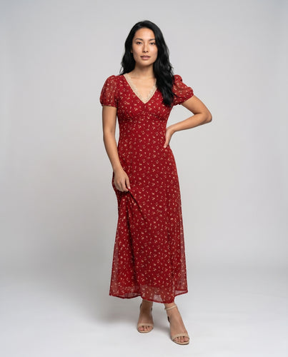 Damen Maxikleid mit V-Ausschnitt und Puffärmeln EB