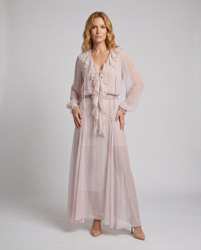 Damen Romantisches Maxikleid mit Rüschendetails und elegantem V-Ausschnitt EB