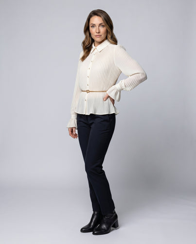 Damen Elegante Plisseebluse mit Kragen und Rüschendetails EB
