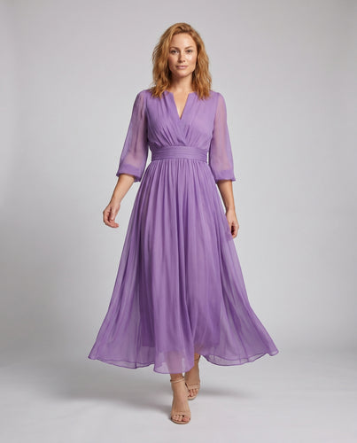 Damen Elegantes Midikleid aus fließendem Chiffon mit tailliertem Schnitt EB