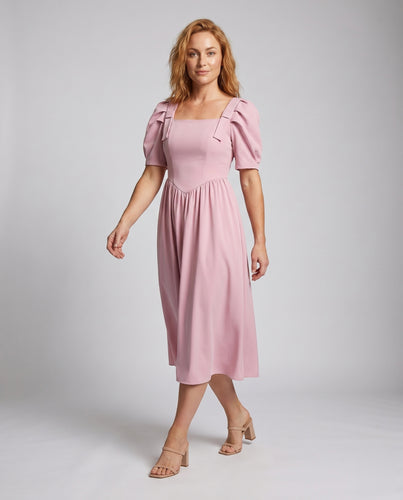 Damen elegantes Midikleid mit voluminösen Ärmeln und taillierter Passform EB