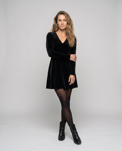 Damen Elegantes Velours-Kleid mit V-Ausschnitt und schwingendem Rock EB