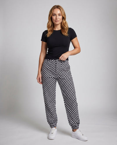 Damen Karottenhose mit Schachbrett-Muster und elastischem Bund EB