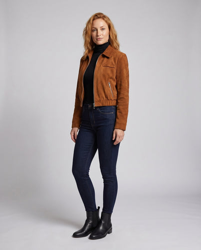 Damen Kurze Wildlederjacke mit elastischem Bündchen EB