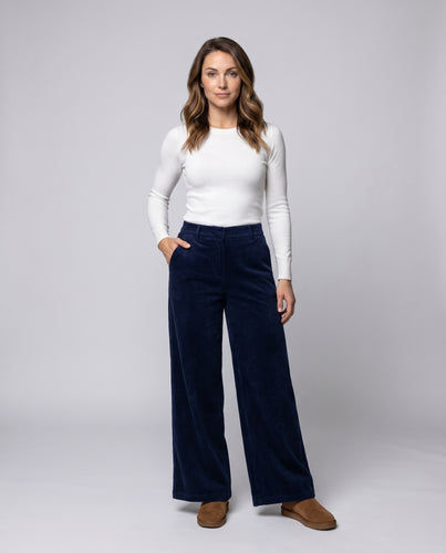 Damen Lässige Weit geschnittene Samthose mit hohem Bund und praktischen Taschen EB