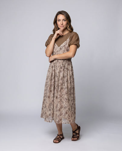 Damen Lässiges Blumenkleid mit Spitzenärmeln und leichtem Schnitt EB