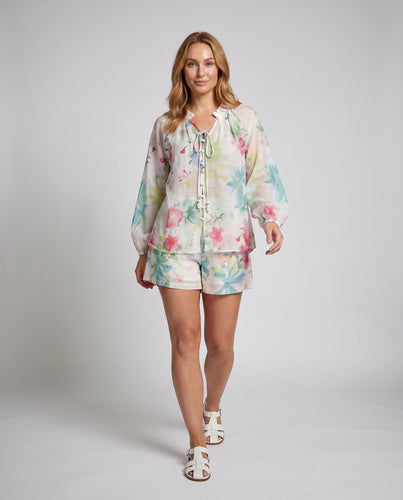 Damen Leichtes Blumenmuster Set mit elastischen Ärmeln und Shorts EB