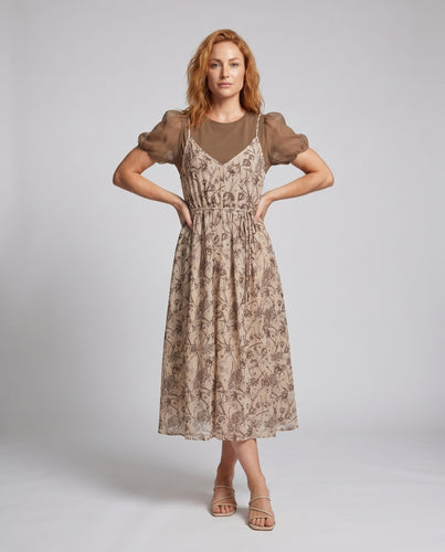 Damen Maxikleid mit floralem Muster und transparenten Puffärmeln EB