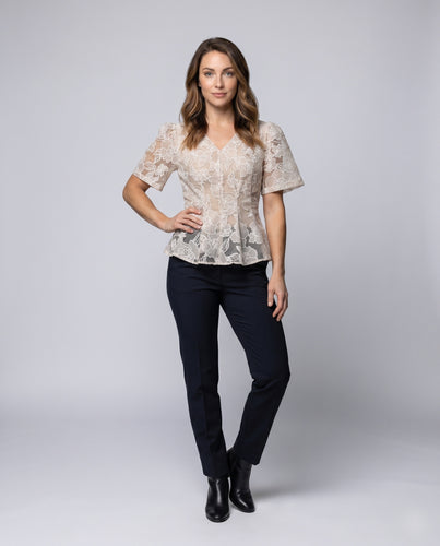 Damen Spitzenbluse mit einem eleganten V-Ausschnitt und röhrenförmigem Design EB