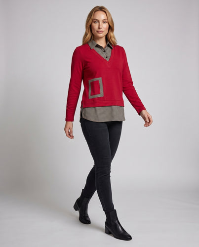 Damen V-Ausschnitt Bluse mit Karomuster und angedeuteter Tasche EB